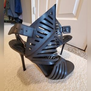 Leon Max Etienne black waxed leather cage stilettos slingback sz 9.5